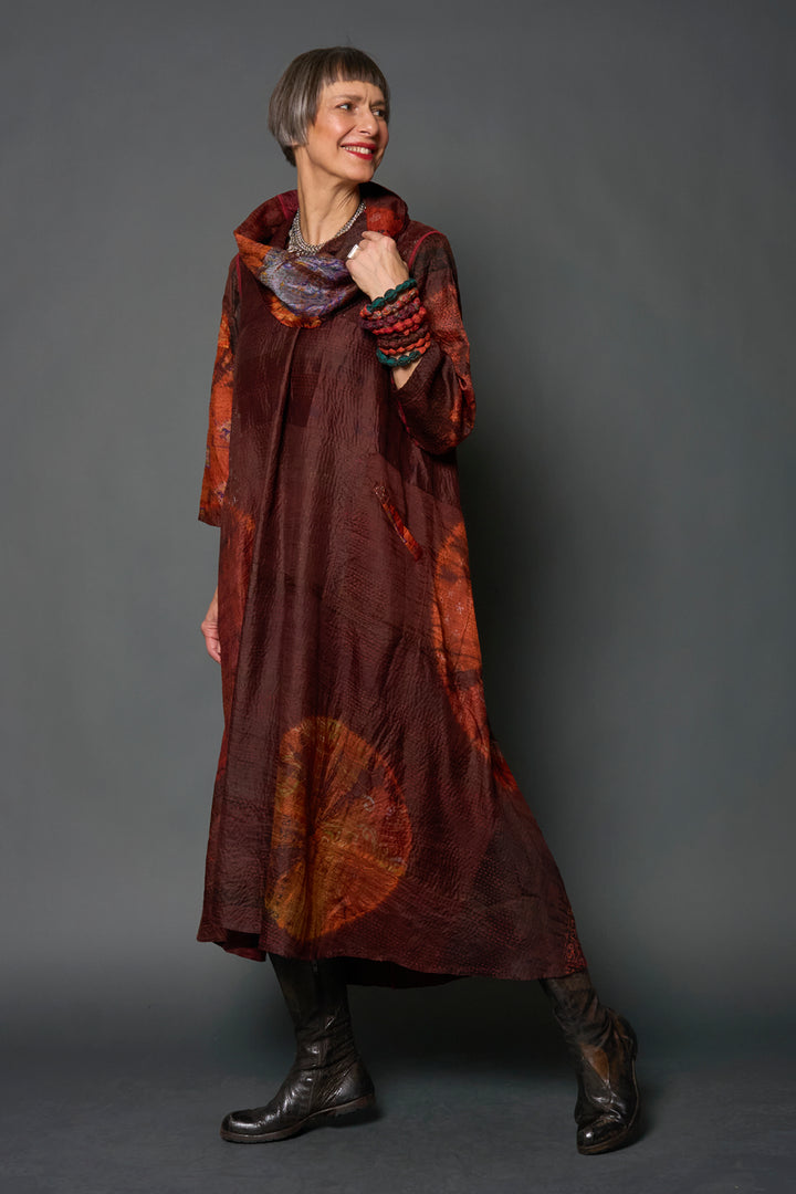 JACQUARD SILK PATCH TIE DYE CIRCLE SHIBORI KANTHA COWL NECK LONG SLEEVE DRESS - wj2450-brn -