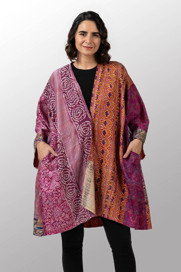 VINTAGE SILK KANTHA KIMONO DUSTER - sv2317-0014a -