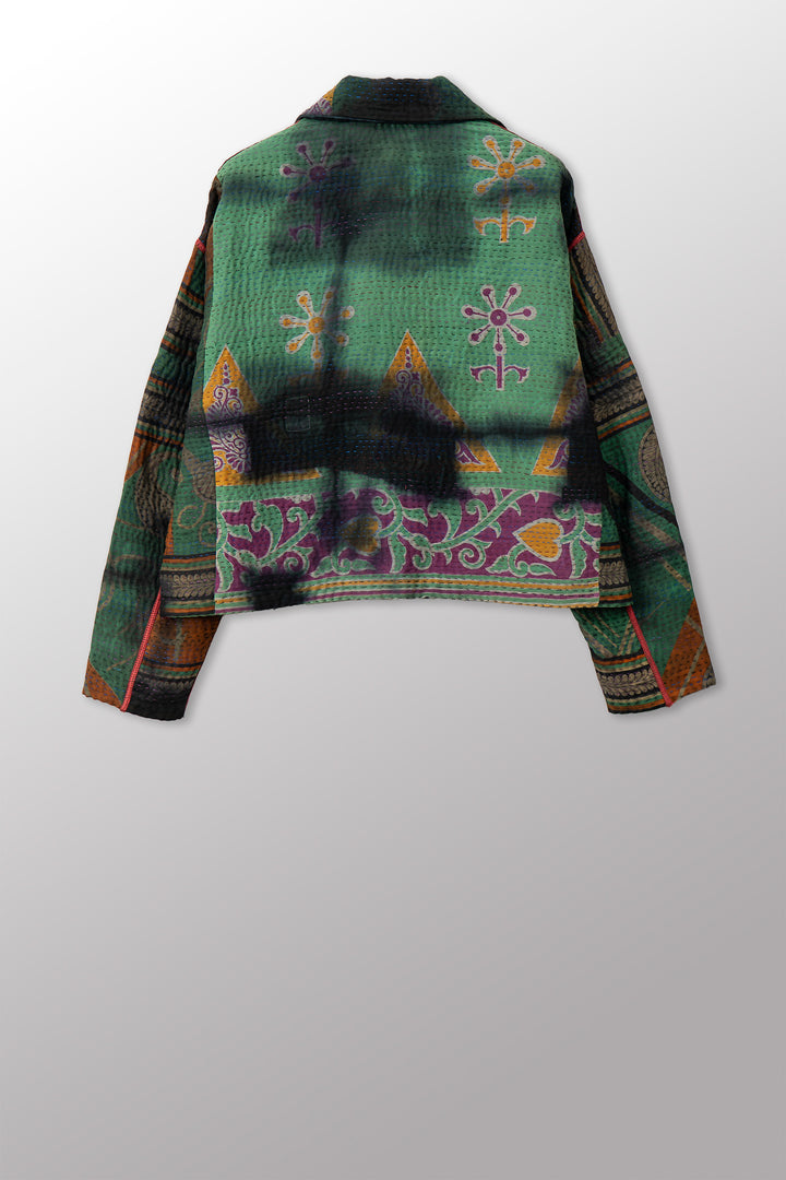 VINTAGE COTTON GREY CLAMP TIE DYE KANTHA NEW LAPELED SHORT JACKET - su4j101-0002m -