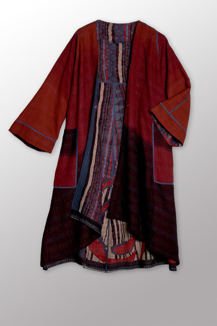 STRIPE AND BENDS KANTHA WRAP FLARE COAT - sb4330-red -