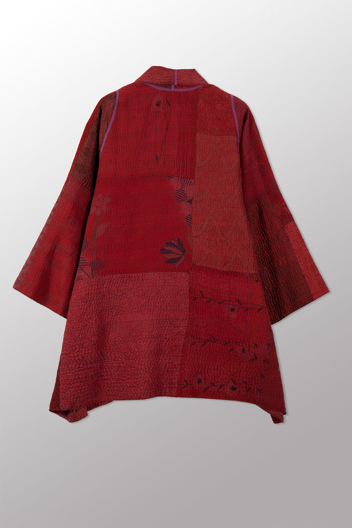 GEORGETTE JACQUARD VINTAGE SILK PATCH KANTHA A-LINE JACKET - gj4003-red -
