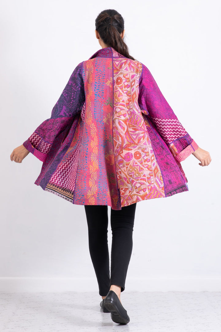 JACQUARD SILK KANTHA FLARE LONG JACKET - js4021-pik -