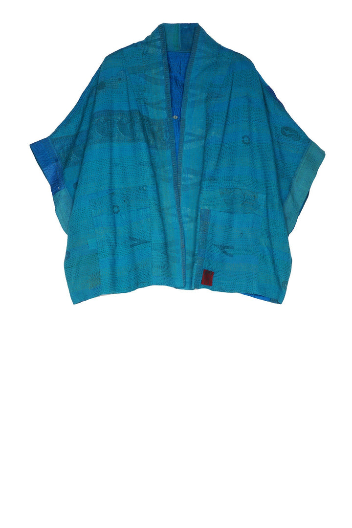 COTTON SILK SW PATCH KANTHA MINI PONCHO - ws2060-tuq -