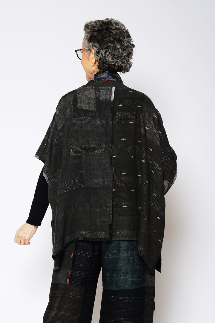 TONAL TILE PATCH KANTHA PONCHO TOP - tt2568-gry -