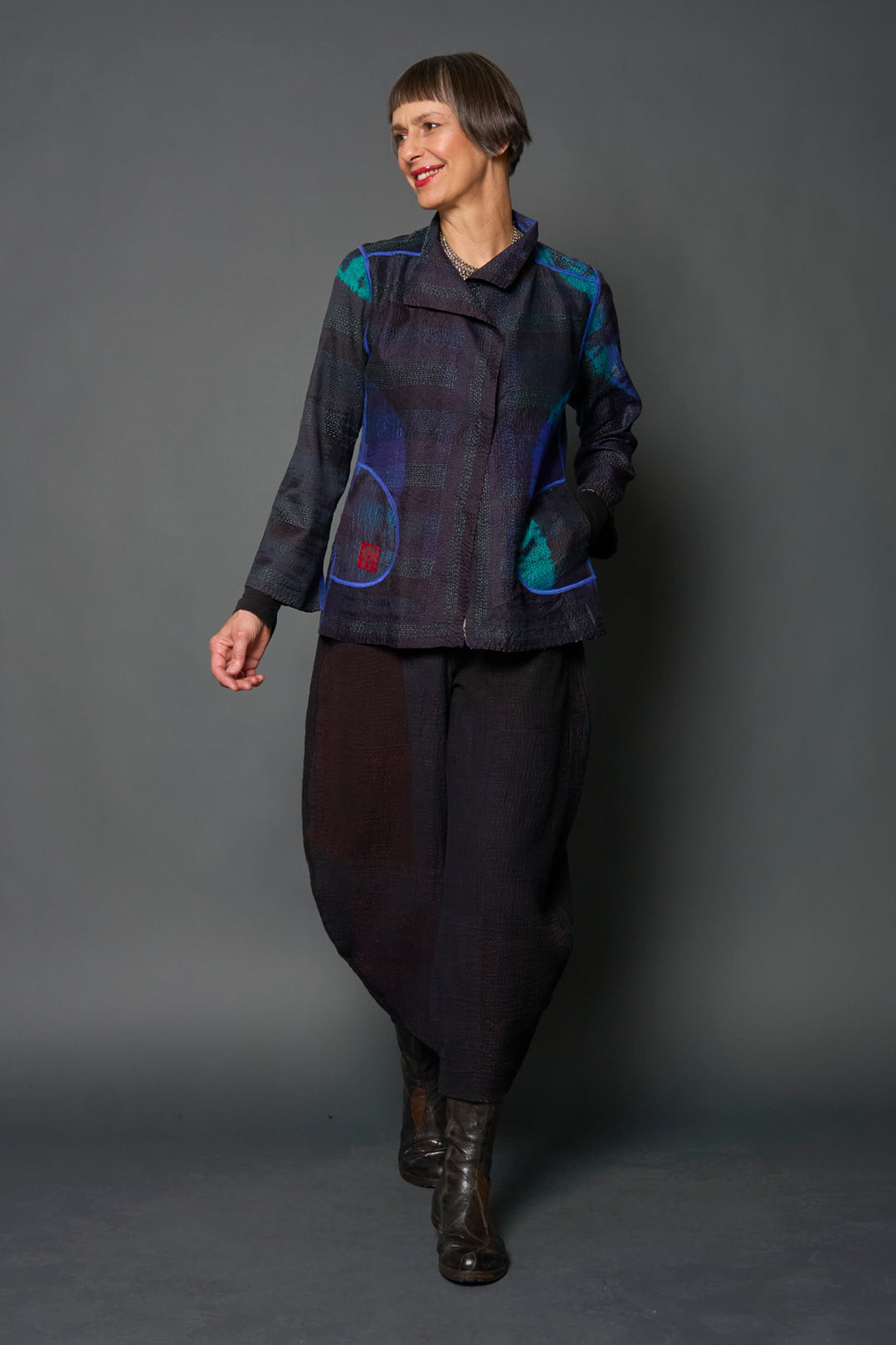 TIE DYE CIRCLE SHIBORI KANTHA SHORT JACKET - td2007-blu -