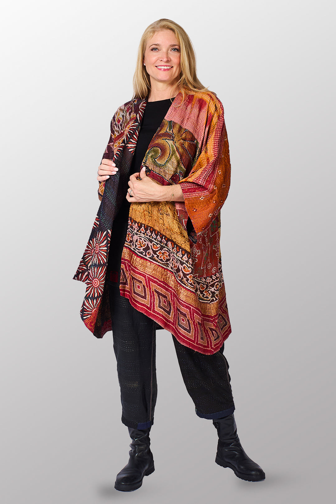 VINTAGE SILK KANTHA KIMONO DUSTER - sv2317-0012a -