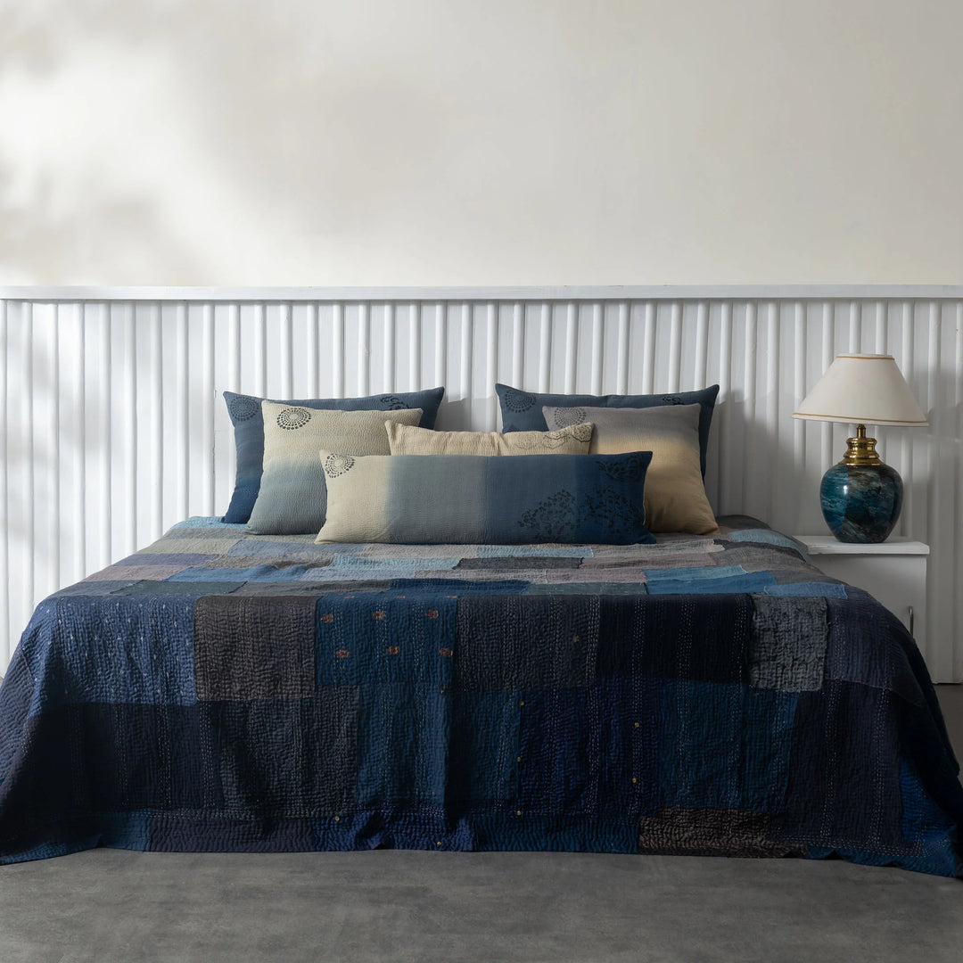 Ombre With Fray Patch Handmade Vintage Quilts -Navy