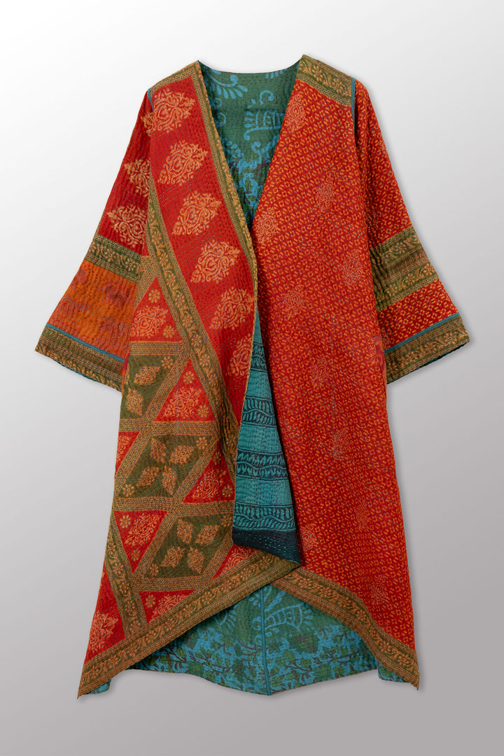 COTTON OVERDYE KANTHA WRAP FLARE COAT - ov4330-ctel005a -