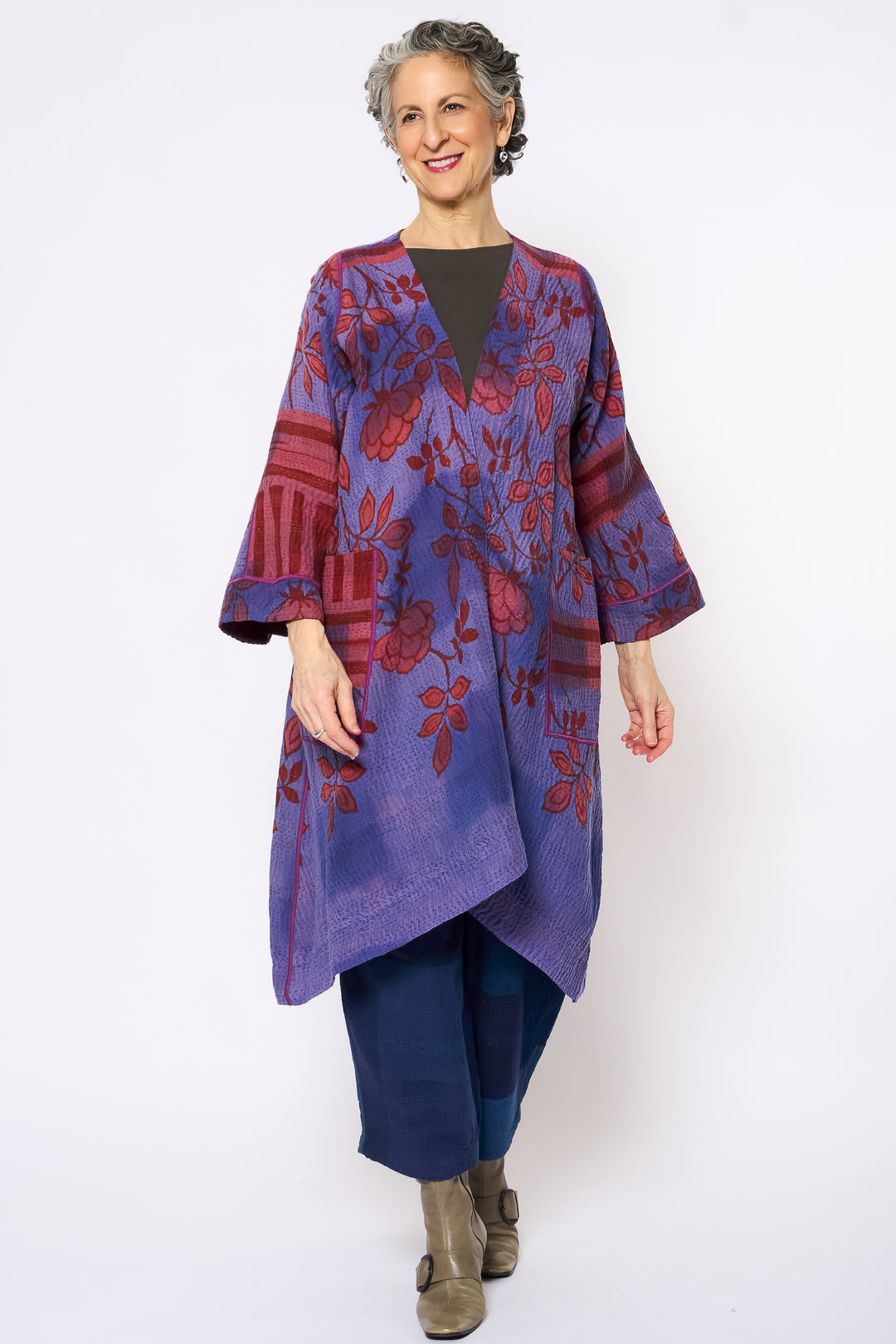COTTON OVERDYE KANTHA WRAP FLARE COAT - ov4330-cprp006a -