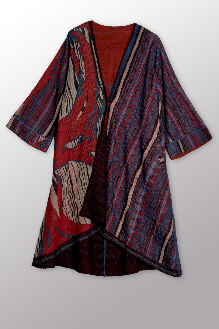 STRIPE AND BENDS KANTHA WRAP FLARE COAT - sb4330-red -