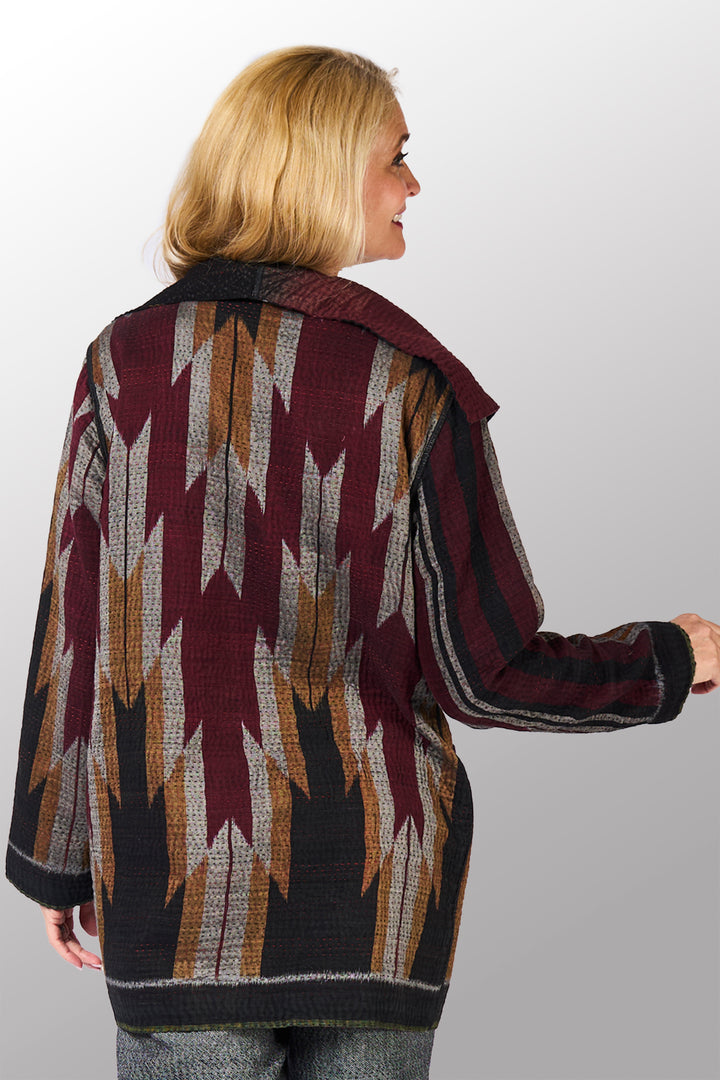 WOVEN HANDLOOM IKAT WITH OMBRE KANTHA POCKET JACKET - wh4002-red -