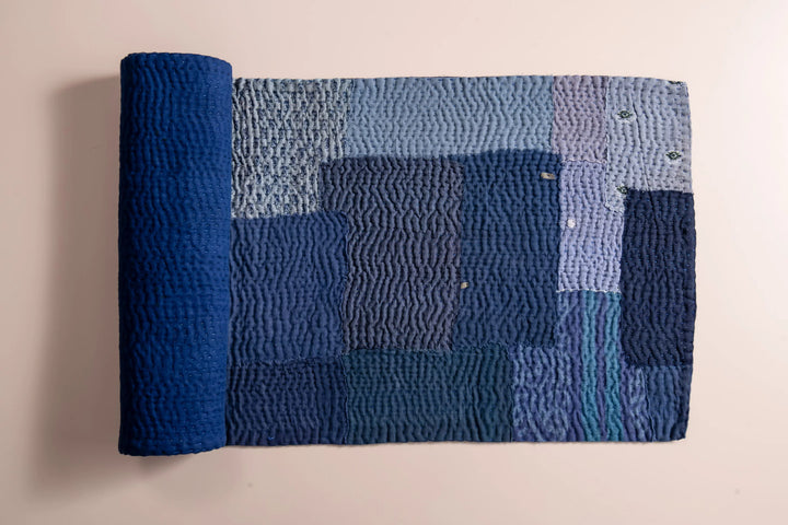 Landscape Fray Patch Vintage Kantha Runner -Navy