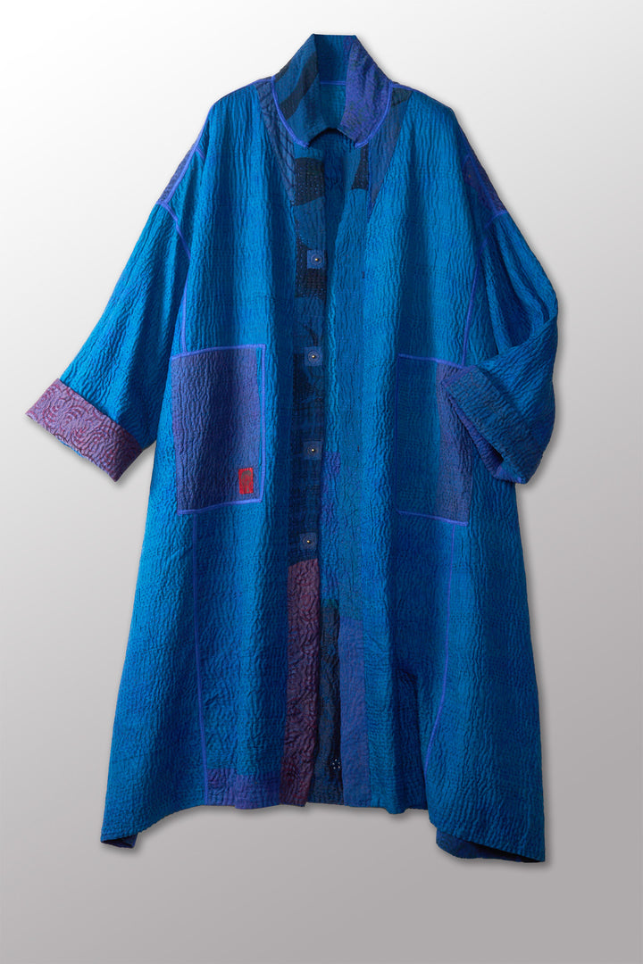 GEORGETTE JACQUARD VINTAGE SILK PATCH KANTHA NEW OVERSIZED COAT - gj4342-blu -