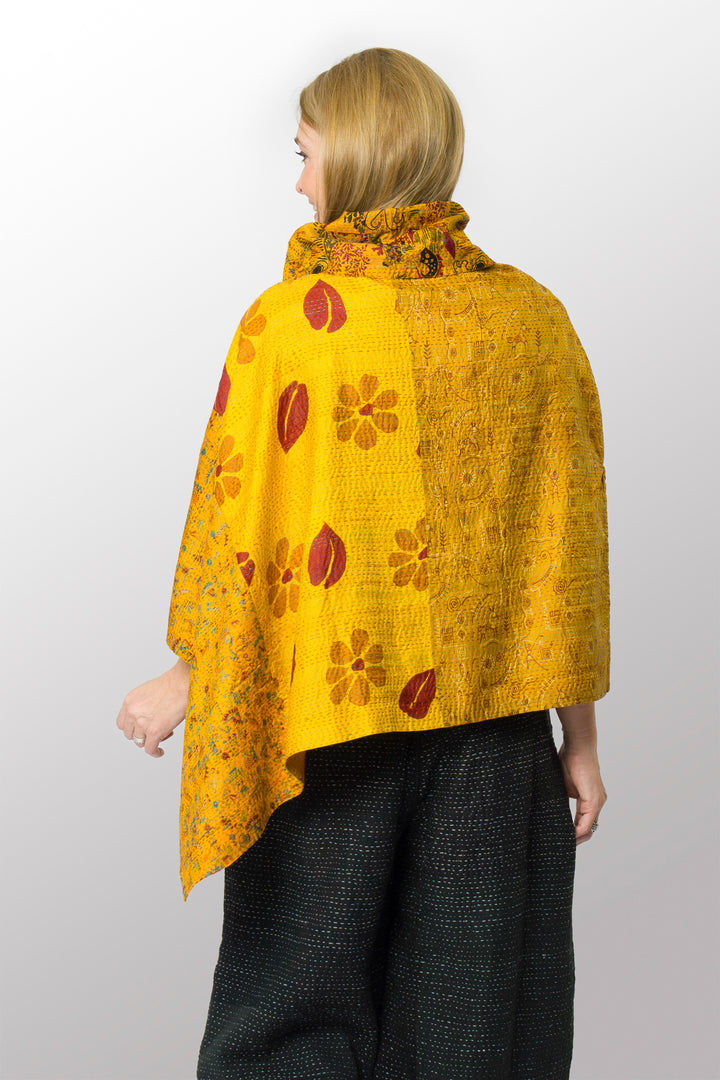VINTAGE SILK KANTHA COWL NECK LONG CAPE - sv2842-mlt -