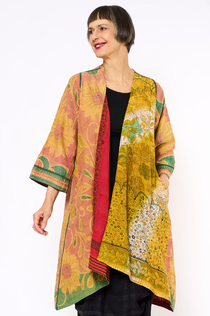 COTTON OVERDYE KANTHA WRAP FLARE COAT - ov2330-cred001a -