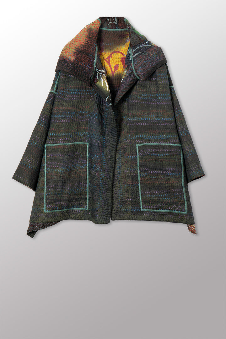 VINTAGE COTTON GREY CLAMP TIE DYE KANTHA HOODIE PONCHO - su4064-0002a -