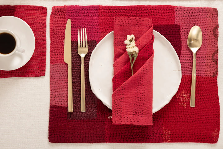 Landscape Fray Patch Kantha Placemat -Red (Set of 2)
