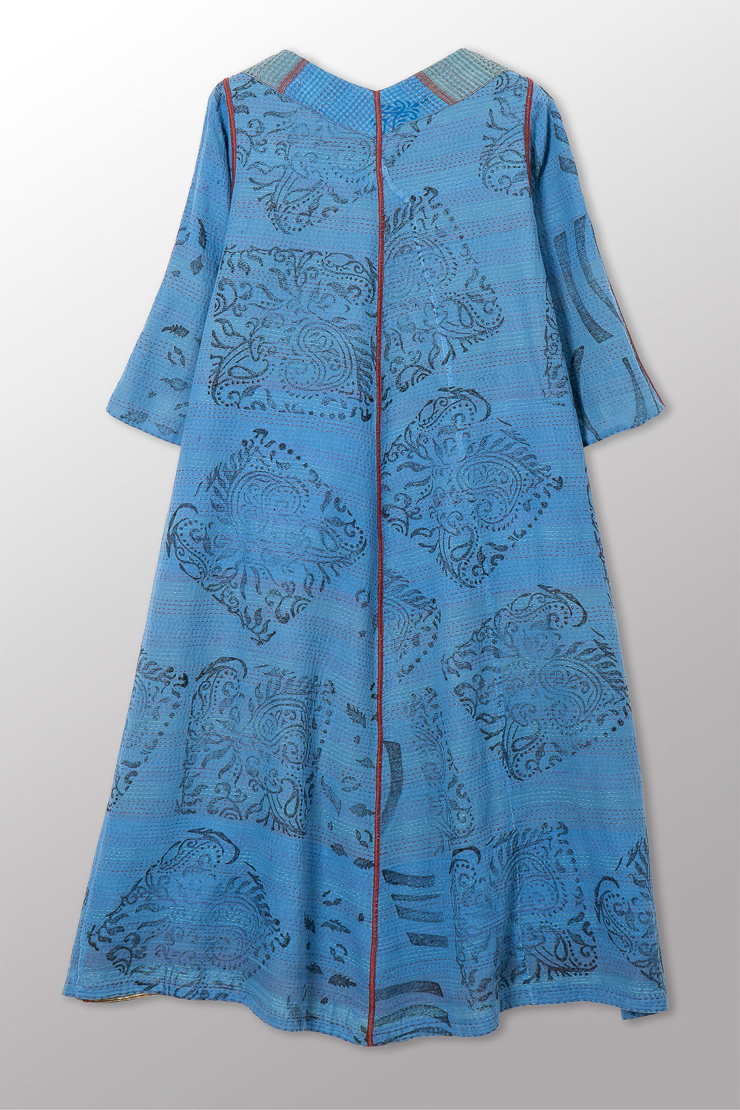 VINTAGE COTTON & NEW VOILE KANTHA V-NECK FLARE DRESS - cn2457-0001s -