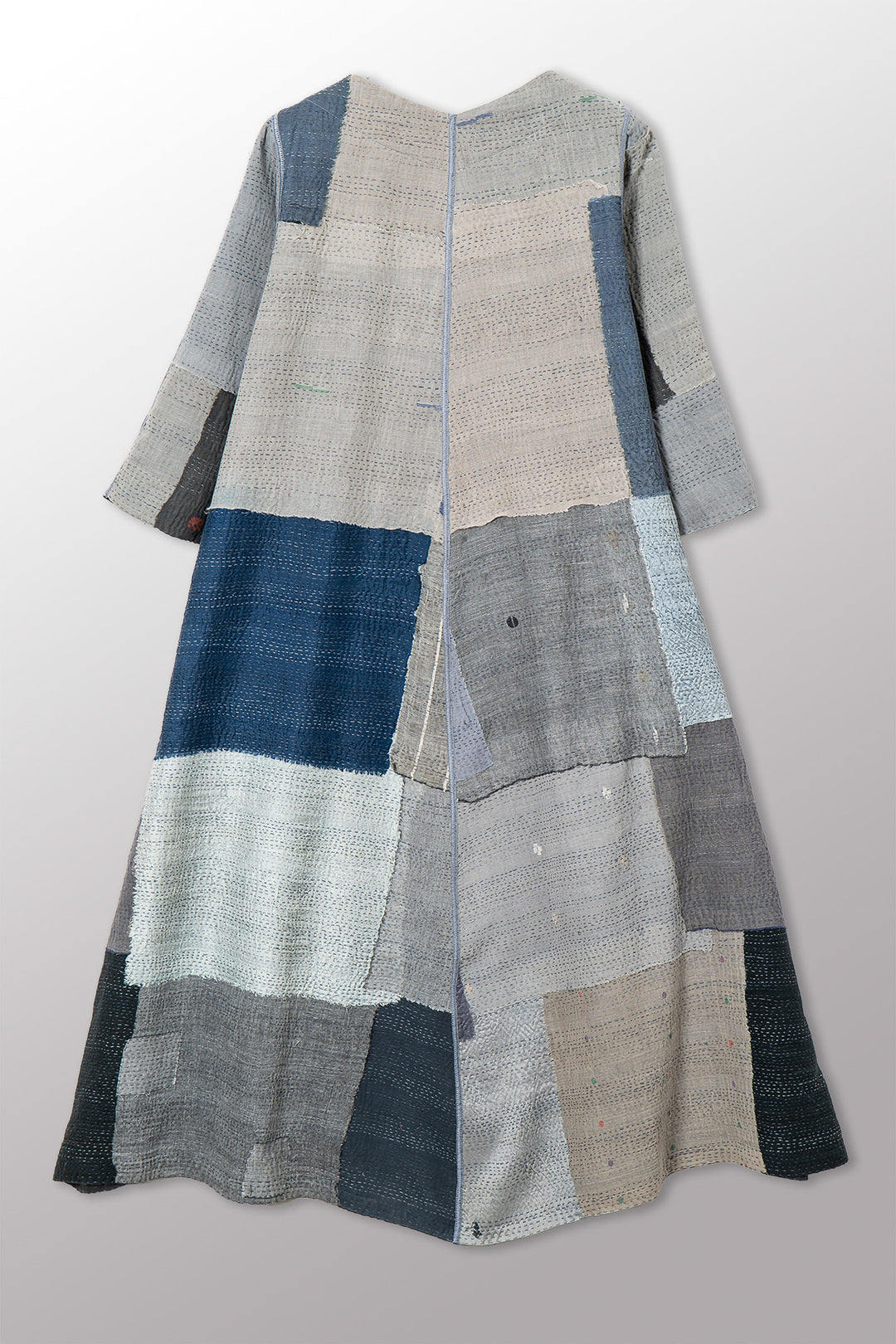 MOSAIC FRAY PATCH KANTHA V-NECK FLARE DRESS - zb2457-gry -