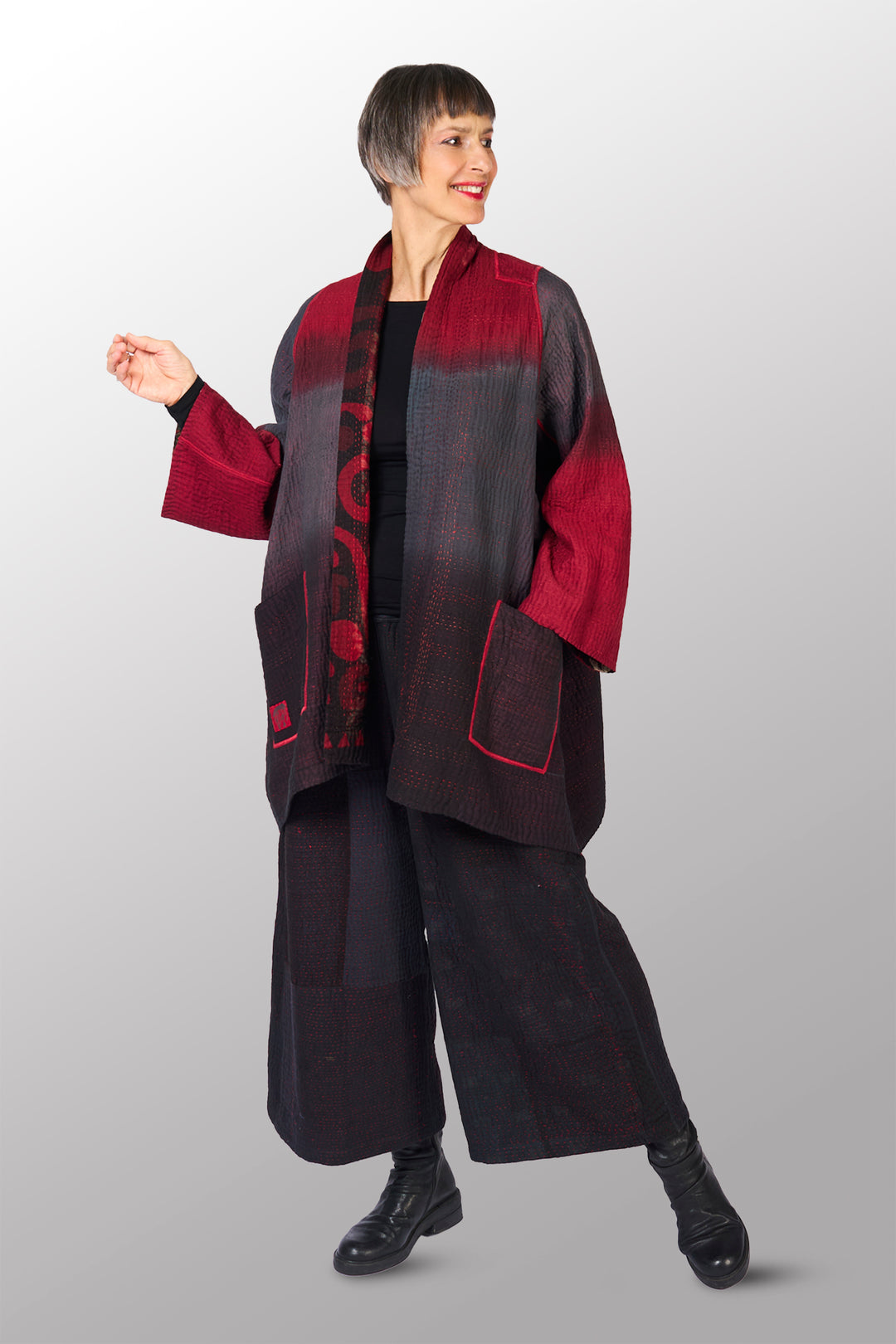 BIG PRINTED PATCH WITH OMBRE BACKING KANTHA  A-LINE JACKET - px4003-red -