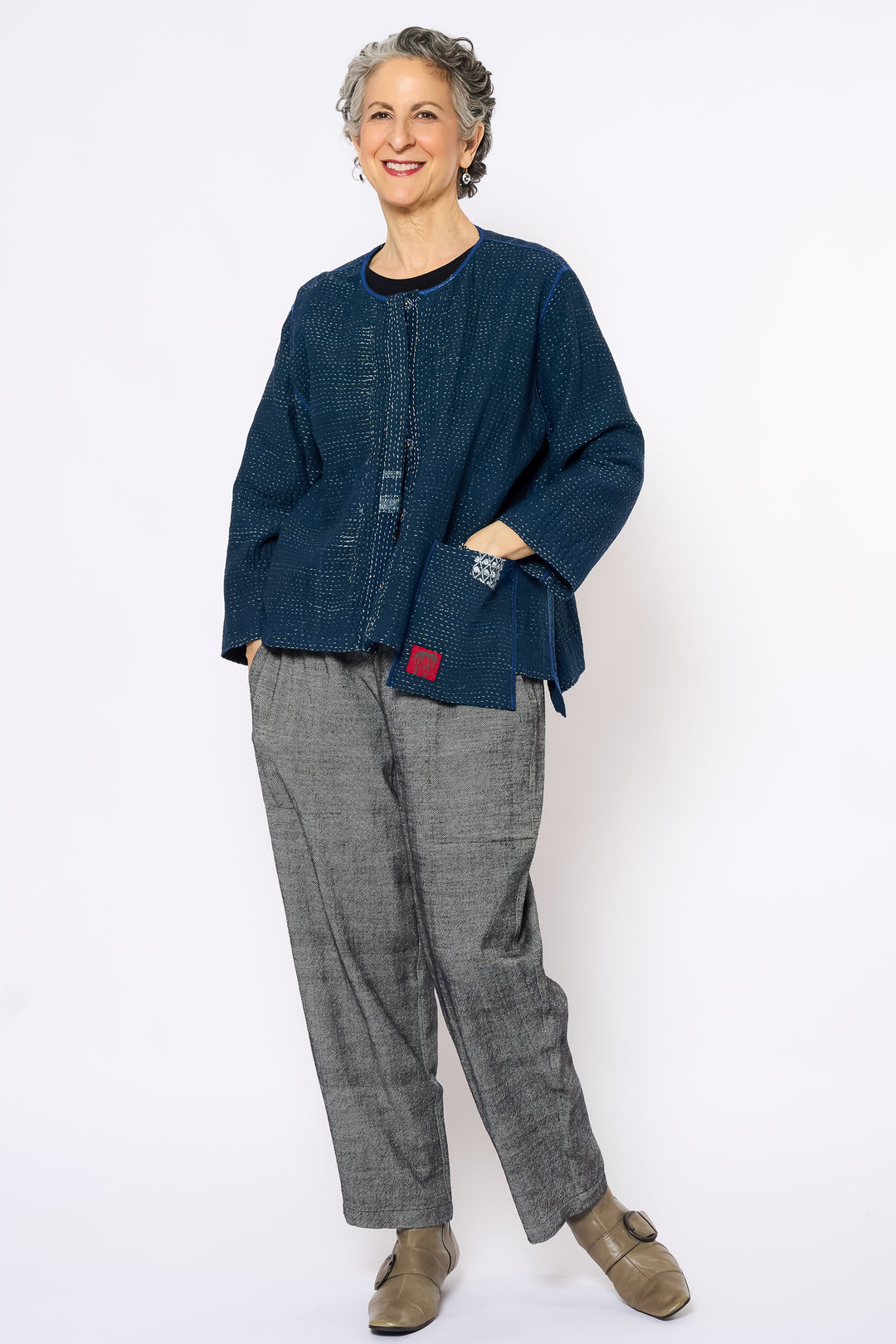 FRAYED PATCH KANTHA A-LINE SHORT JACKET - fi4019-nvy -