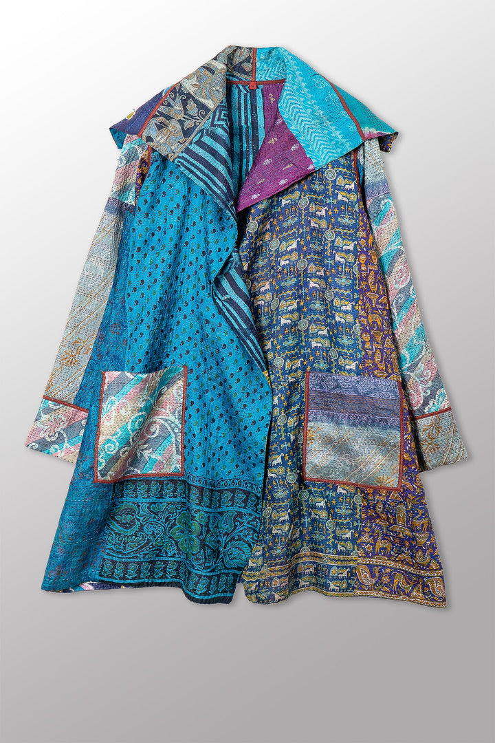 VINTAGE SILK KANTHA POCKET MEDIUM COAT - sv2316-0009m -