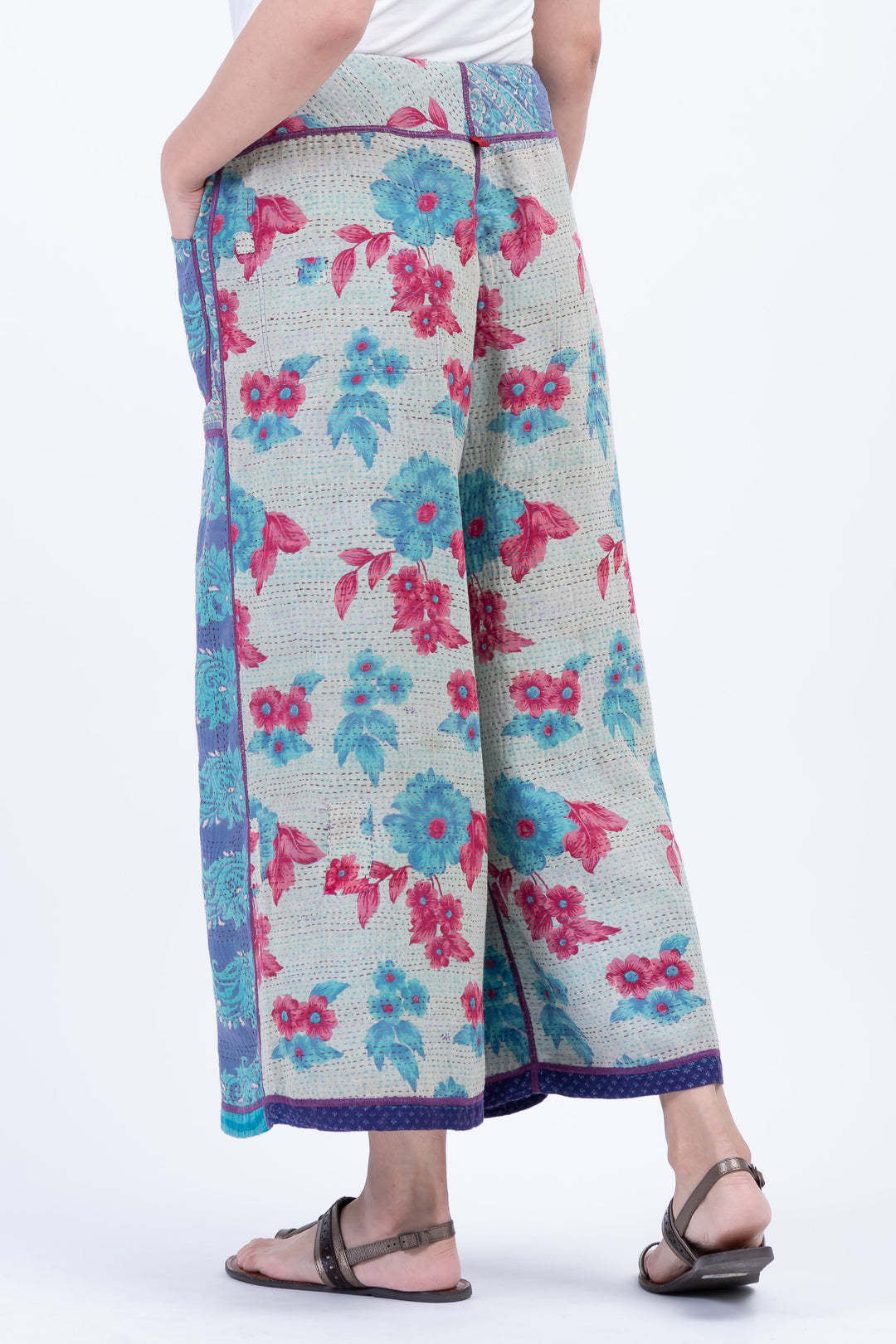 COTTON OVERDYE KANTHA MID RISE WIDE LEG PANTS - ov2665-cblu001m -