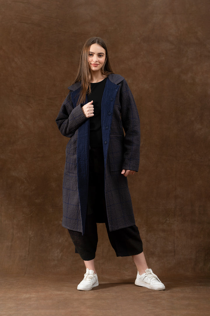 QUILTED VINTAGE COTTON WITH FLANNEL KANTHA RAGLAN SLEEVE COAT - fq5337-blu -