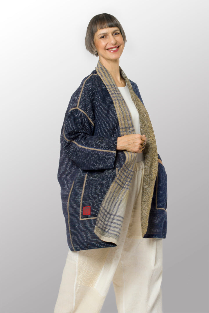 INDONESIAN PRINT VINTAGE INDIGO BACKING KANTHA HAORI JACKET - bi2068-blu -