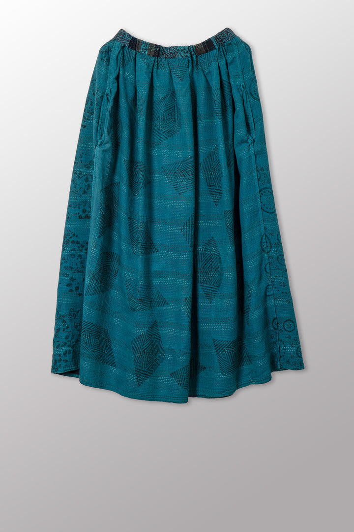 VINTAGE COTTON & NEW VOILE KANTHA TUCKED GATHER SKIRT - cn2663-0001s -