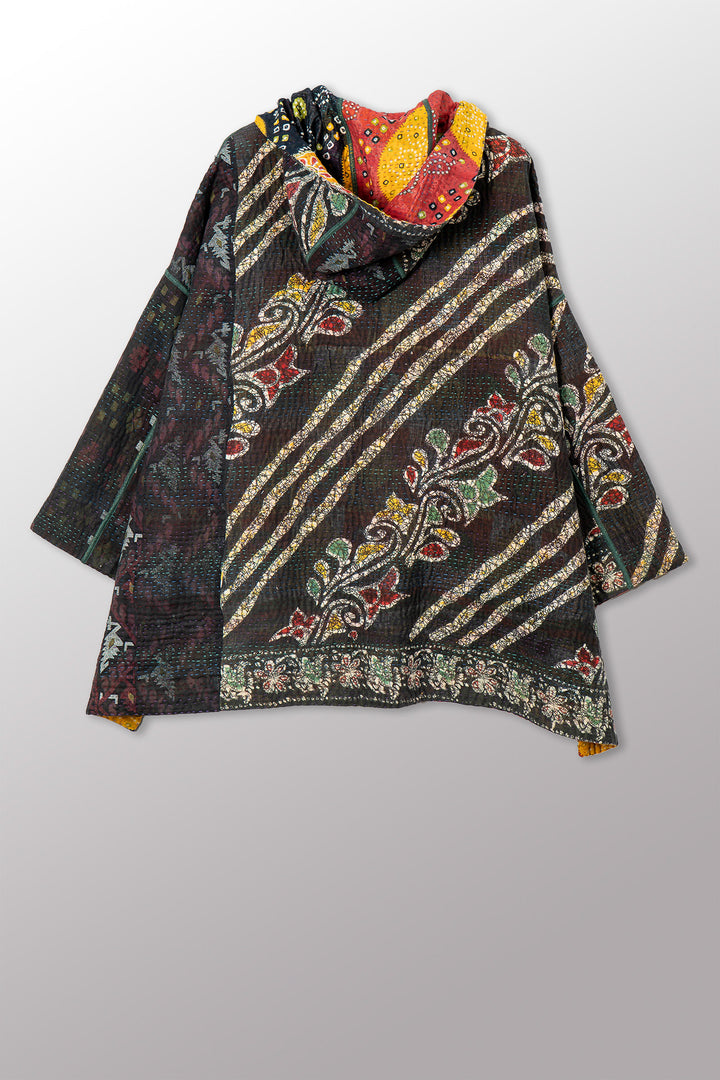 VINTAGE COTTON KANTHA HOODIE PONCHO - cv4064-0037a -