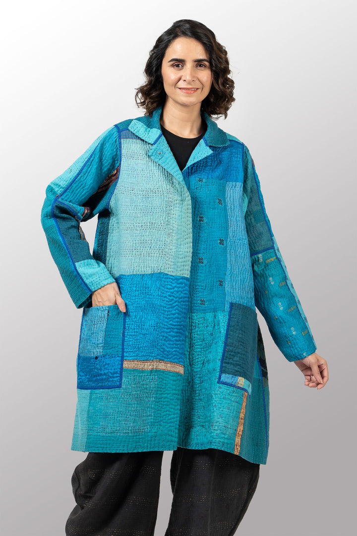 COTTON SILK SW PATCH KANTHA A-LINE DUSTER - ws4311-tuq -