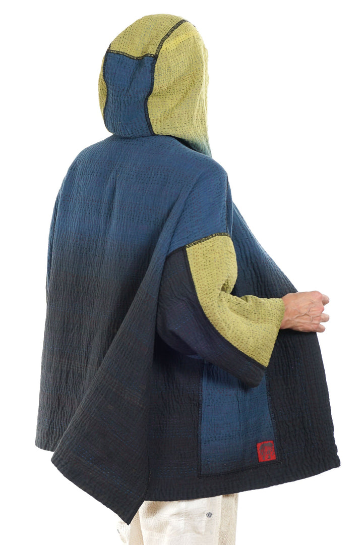 STRIPE AND BENDS KANTHA HOODIE PONCHO - sb4064-grn -