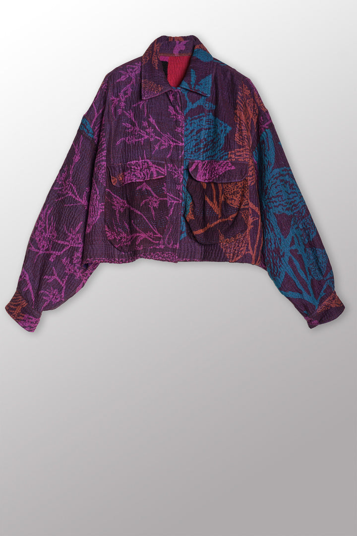 NIGHT FLOWERS KANTHA CROPPED UTILITY JACKET - nl4094-prp -