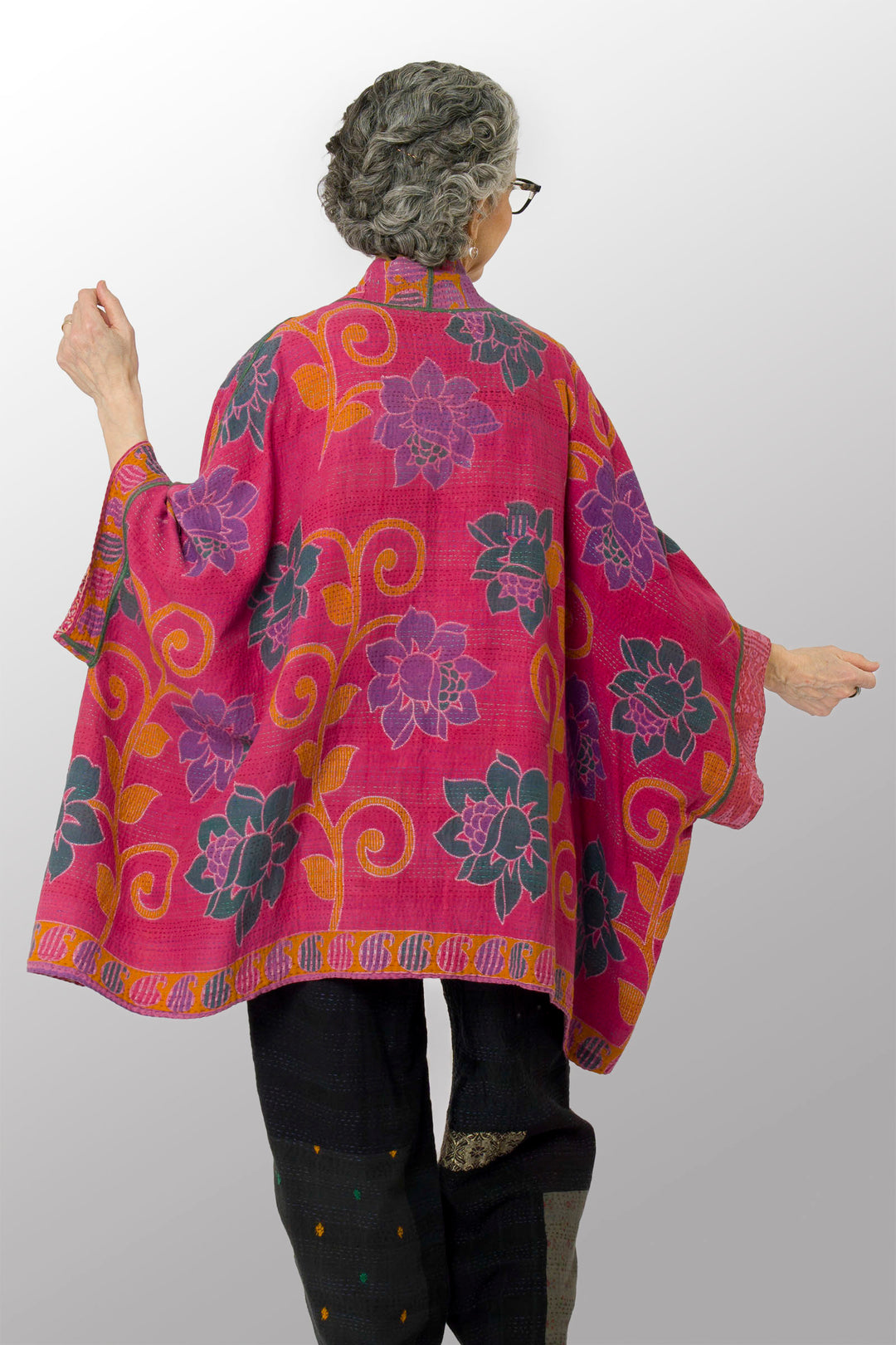 VINTAGE COTTON KANTHA DOUBLE COLLAR PONCHO - cv2323-0007a -