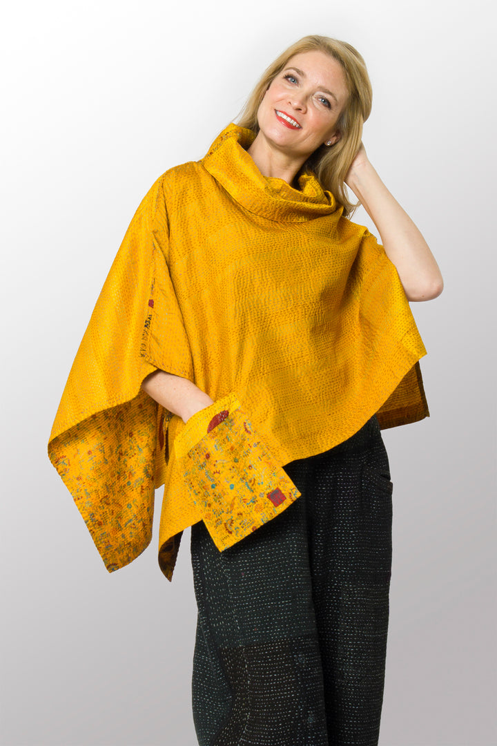 VINTAGE SILK KANTHA COWL NECK LONG CAPE - sv2842-mlt -