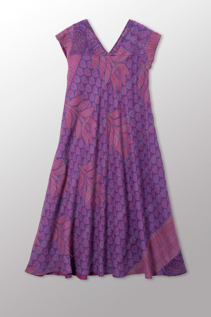 VINTAGE COTTON & NEW VOILE KANTHA CAP SLV. FLARE DRESS - cn2425-0010m -