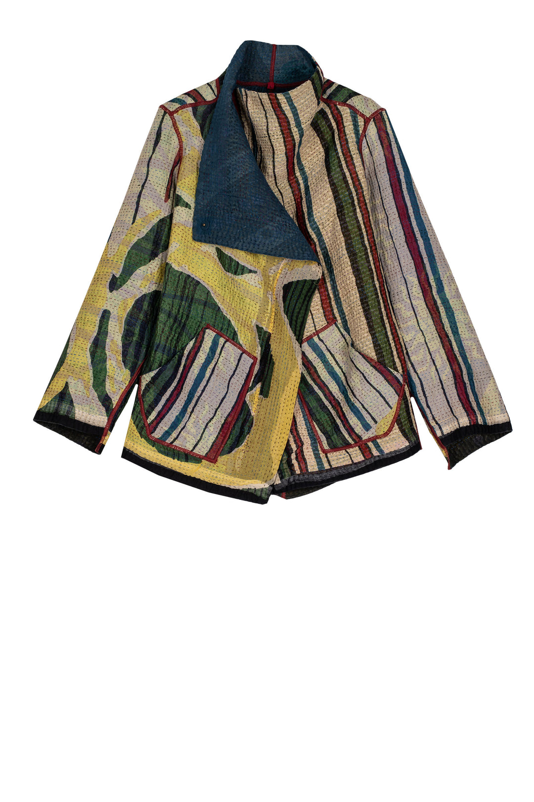 STRIPE AND BENDS KANTHA WING COLLAR JACKET - sb4013-grn -
