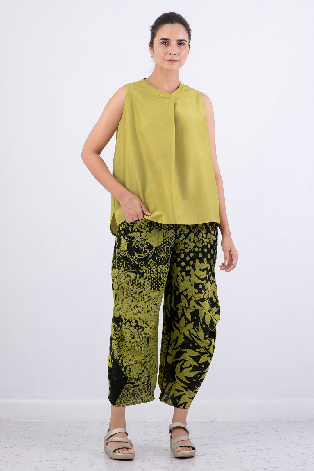 DYED COTTON SILK HEAVY VOILE WAVY BAND COLLAR SHELL TOP - dh1556-cha -