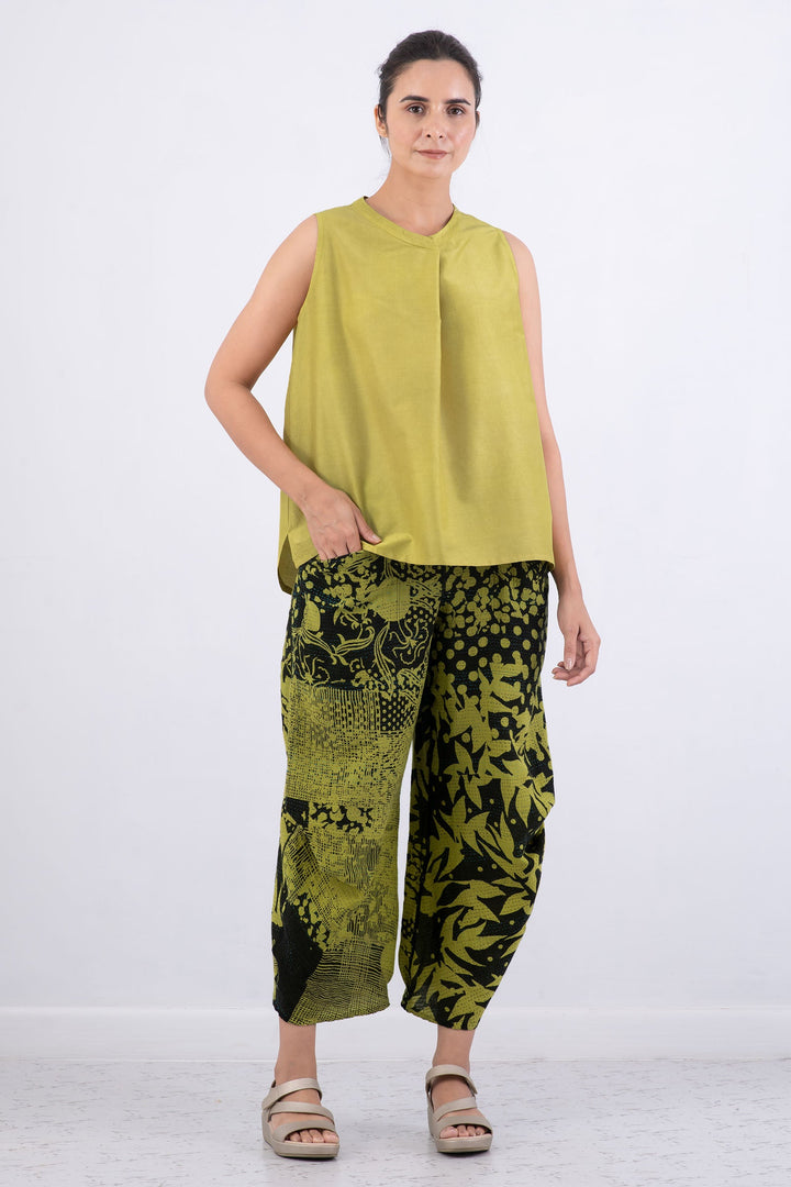 DYED COTTON SILK HEAVY VOILE WAVY BAND COLLAR SHELL TOP - dh1556-cha -