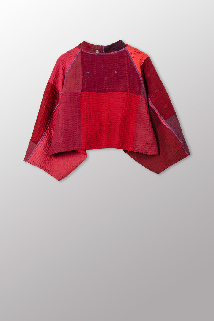 STRIPE AND CHECK COTTON SILK PATCH KANTHA PUFF SLV. SHRUG - ss4062-red -