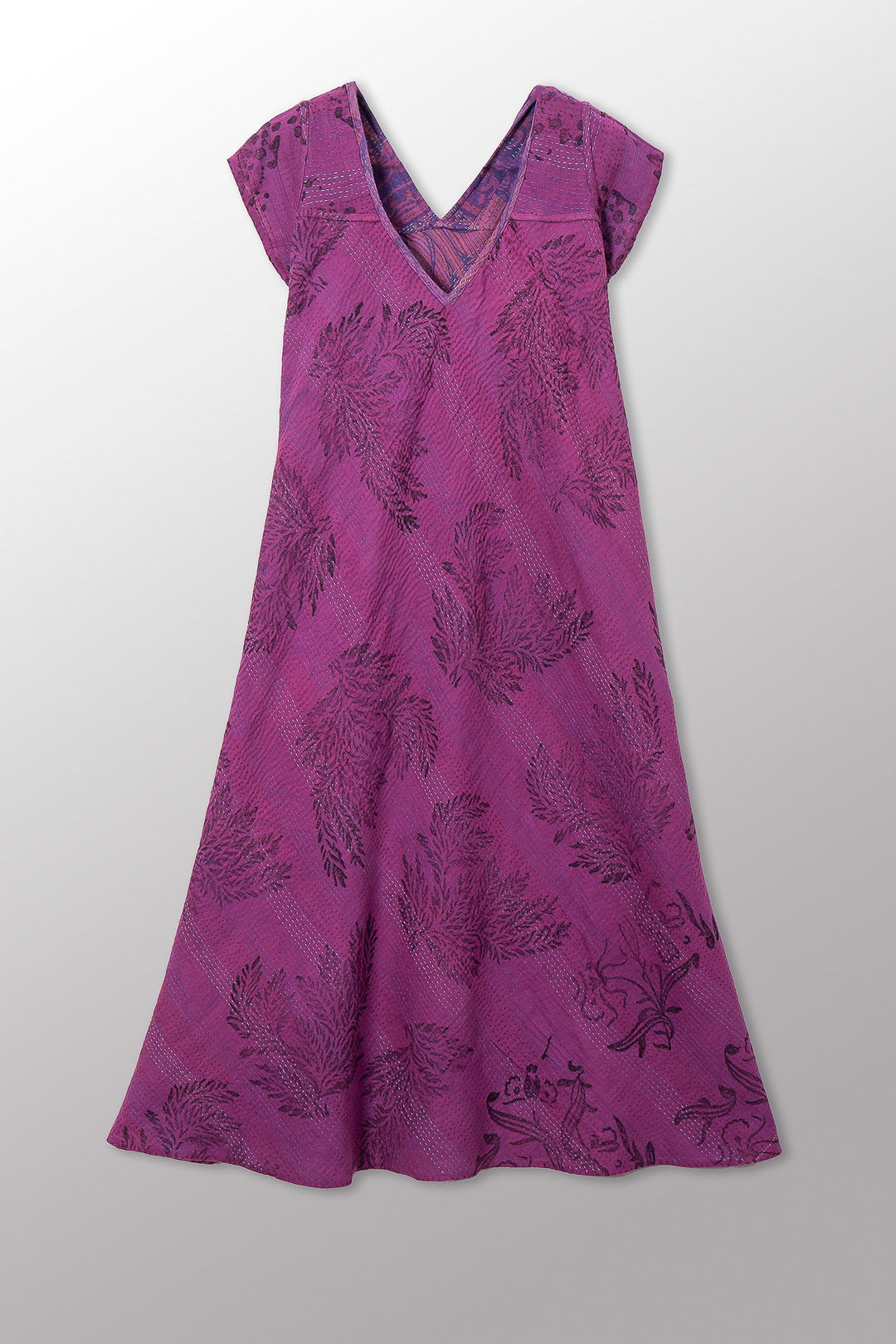 VINTAGE COTTON & NEW VOILE KANTHA CAP SLV. FLARE DRESS - cn2425-0010m -