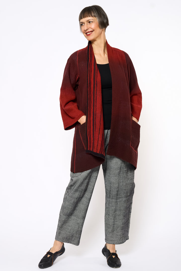 OVERDYED STRIPE AND BENDS KANTHA A-LINE JACKET - ov-sb4003-red -