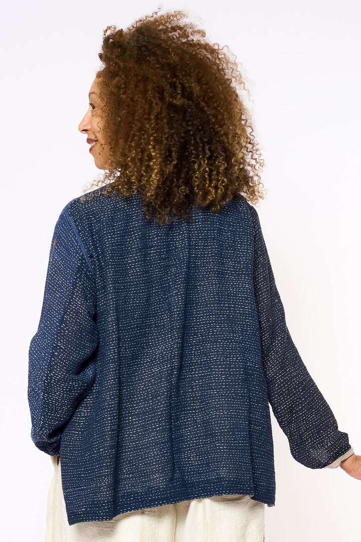 INDONESIAN PRINT VINTAGE INDIGO BACKING KANTHA KAFTAN JACKET SHORT - bi2088-blu -