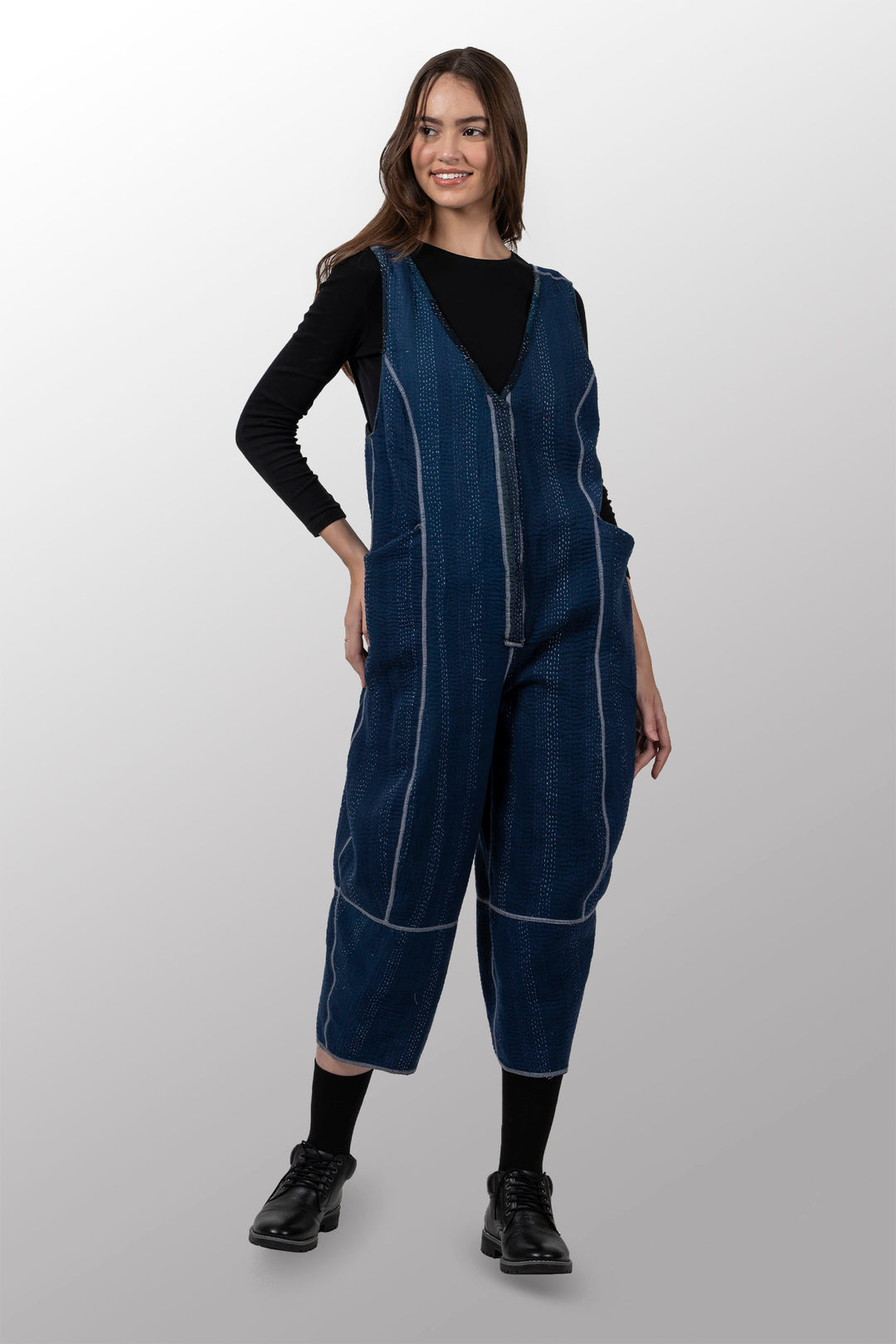 COTTON STRIPE PATCH KANTHA SHAPED V-NECK JUMPER - cs4658-nvy -