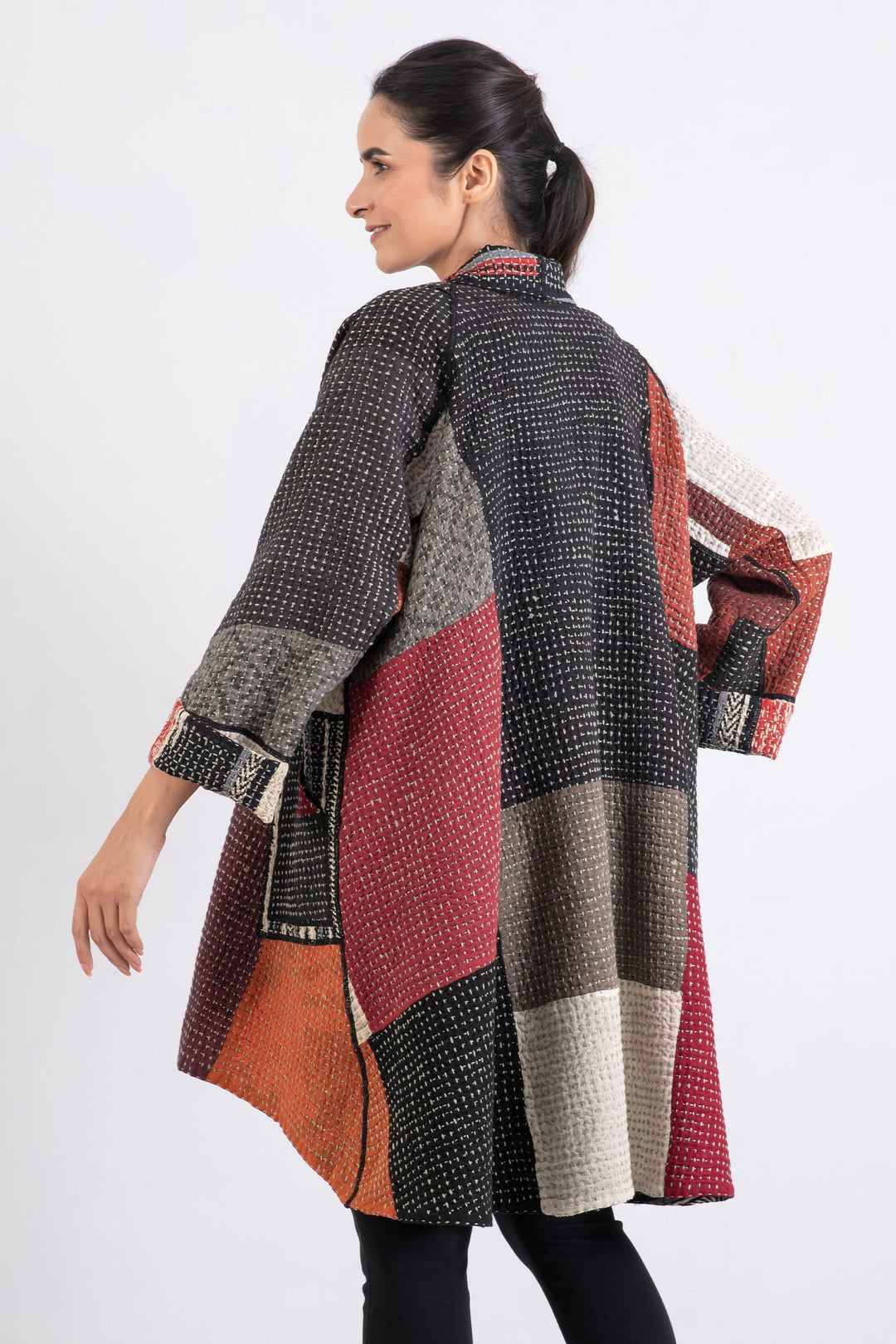 WAFFLE IKAT KANTHA KIMONO LONG JACKET - wi3005-red -