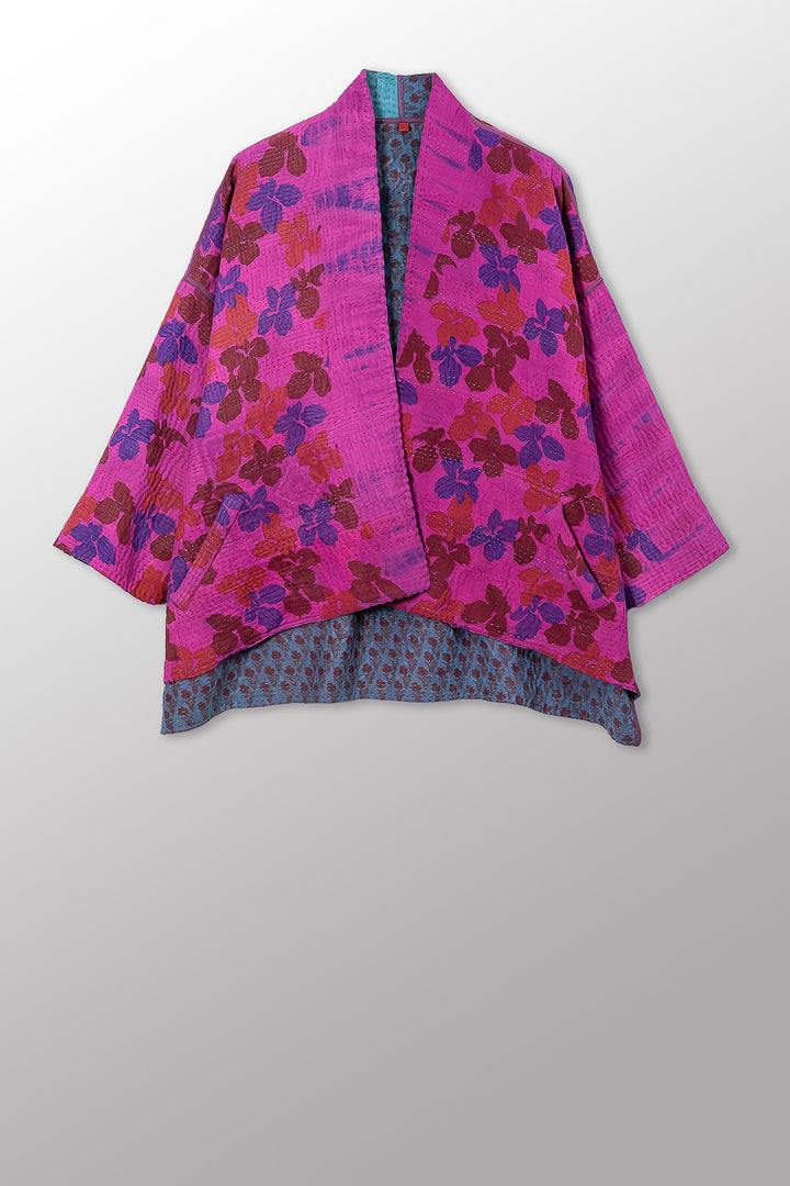 VINTAGE SILK GEORGETTE COTTON KANTHA MINI KIMONO JACKET - gc4055-0001a -