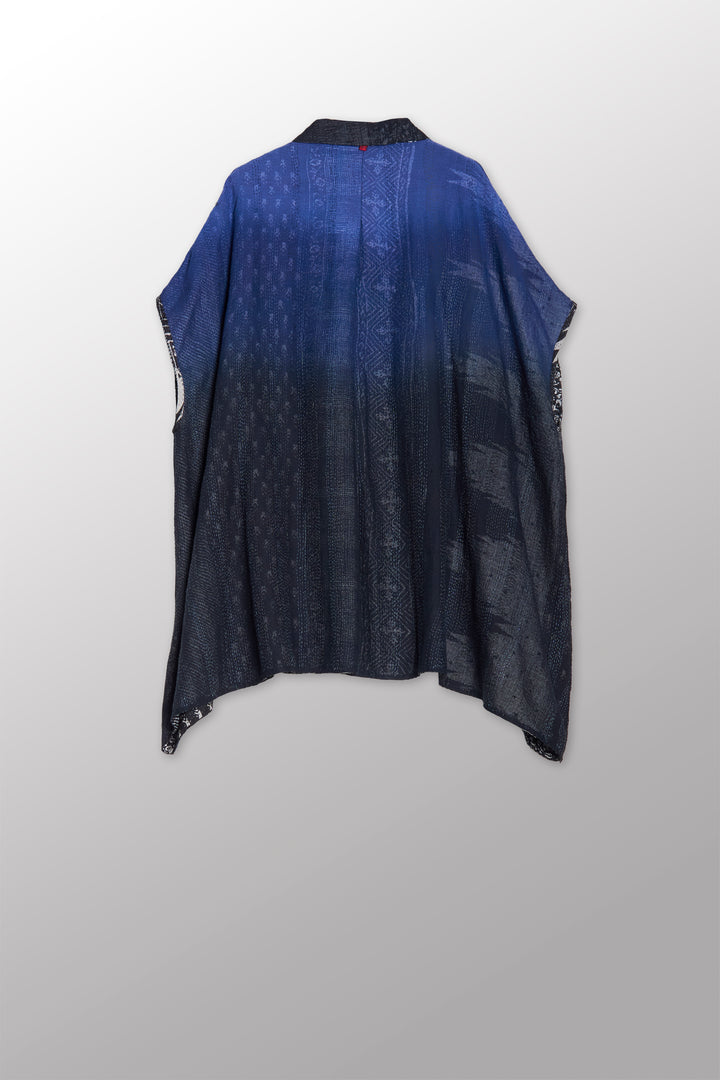 SILK COTTON OMBRE PRINT KANTHA SHIRT PONCHO - os2545-blk -