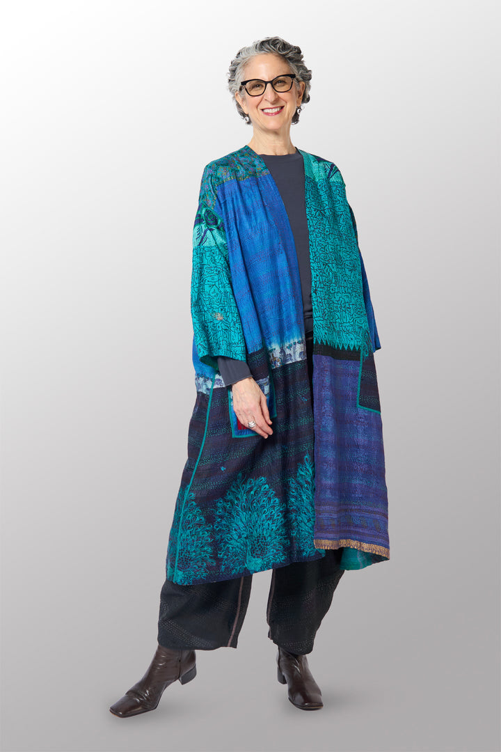 VINTAGE SILK KANTHA LONG DUSTER - sv2328-0011a -