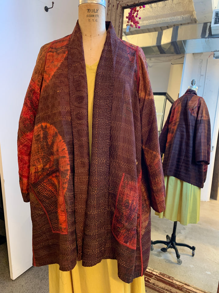 JACQUARD SILK PATCH TIE DYE CIRCLE SHIBORI KANTHA A-LINE JACKET - wj2003-BRN -
